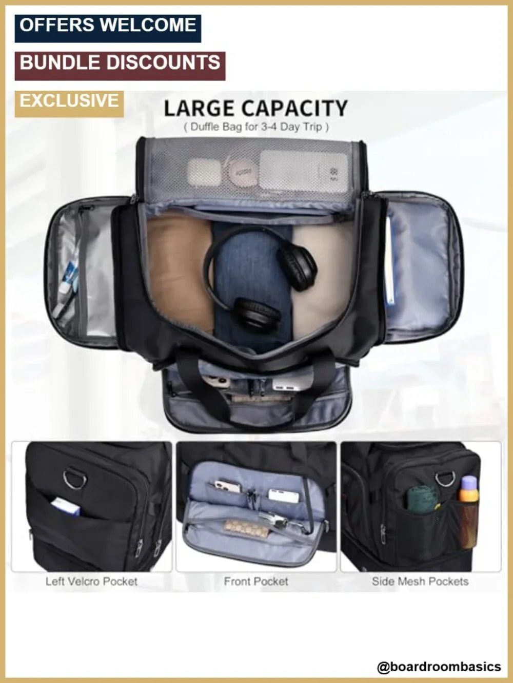 55L Nylon Travel Duffle Bag for Men Weekender with Shoe Compartment